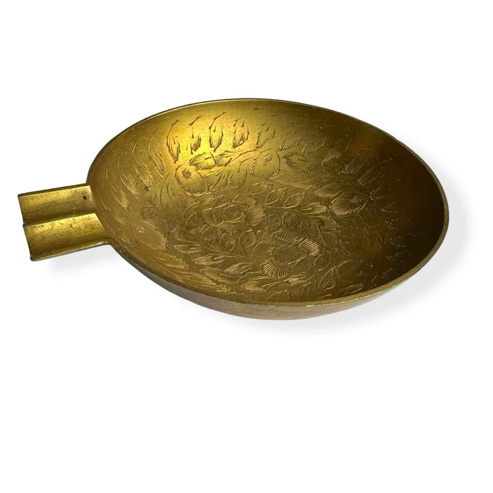 Vintage Mid‎ Century Brass Ashtray Cigarette Cigar India Ornate Marked Metal 4